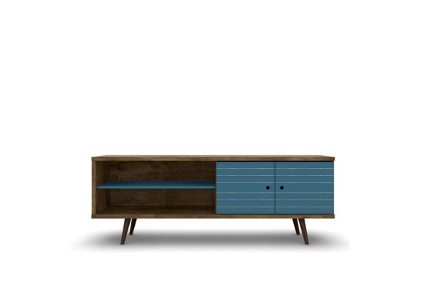 Manhattan Comfort Liberty 62.99" Mid-Century Modern TV Stand with 3 Shelves and 2 Doors in Rustic Brown and Aqua Blue with Solid Wood Legs