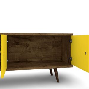 Manhattan Comfort Liberty 62.99" Mid-Century Modern TV Stand with 3 Shelves and 2 Doors in Rustic Brown and Yellow with Solid Wood Legs