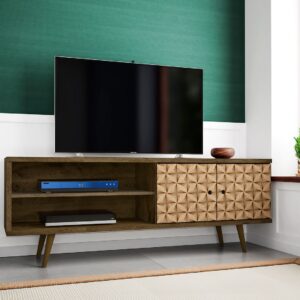 Manhattan Comfort Liberty 62.99" Mid-Century Modern TV Stand with 3 Shelves and 2 Doors in Rustic Brown and 3D Brown Prints