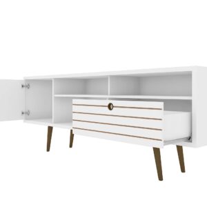 Manhattan Comfort Liberty 70.86" Mid-Century Modern TV Stand with 4 Shelving Spaces and 1 Drawer in White with Solid Wood Legs