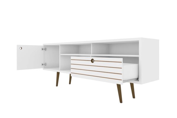 Manhattan Comfort Liberty 70.86" Mid-Century Modern TV Stand with 4 Shelving Spaces and 1 Drawer in White with Solid Wood Legs