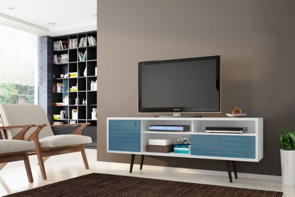 Manhattan Comfort Liberty 70.86" Mid-Century Modern TV Stand with 4 Shelving Spaces and 1 Drawer in White and Aqua Blue with Solid Wood Legs