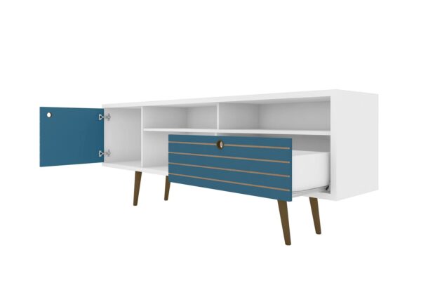 Manhattan Comfort Liberty 70.86" Mid-Century Modern TV Stand with 4 Shelving Spaces and 1 Drawer in White and Aqua Blue with Solid Wood Legs