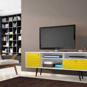 Manhattan Comfort Liberty 70.86" Mid-Century Modern TV Stand with 4 Shelving Spaces and 1 Drawer in White and Yellow with Solid Wood Legs