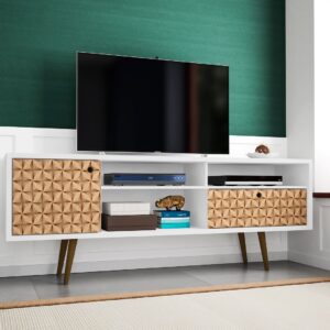 Manhattan Comfort Liberty 70.86" Mid-Century Modern TV Stand with 4 Shelving Spaces and 1 Drawer in White and 3D Brown Prints