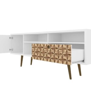 Manhattan Comfort Liberty 70.86" Mid-Century Modern TV Stand with 4 Shelving Spaces and 1 Drawer in White and 3D Brown Prints