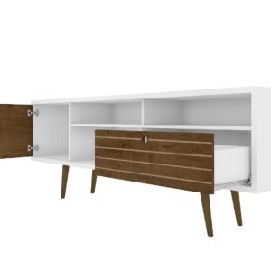 Manhattan Comfort Liberty 70.86" Mid-Century Modern TV Stand with 4 Shelving Spaces and 1 Drawer in White and Rustic Brown with Solid Wood Legs