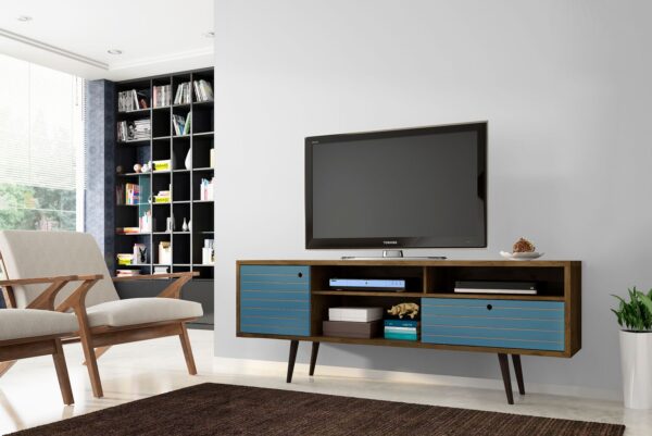 Manhattan Comfort Liberty 70.86" Mid-Century Modern TV Stand with 4 Shelving Spaces and 1 Drawer in Rustic Brown and Aqua Blue with Solid Wood Legs