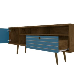 Manhattan Comfort Liberty 70.86" Mid-Century Modern TV Stand with 4 Shelving Spaces and 1 Drawer in Rustic Brown and Aqua Blue with Solid Wood Legs