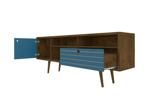 Manhattan Comfort Liberty 70.86" Mid-Century Modern TV Stand with 4 Shelving Spaces and 1 Drawer in Rustic Brown and Aqua Blue with Solid Wood Legs