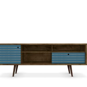 Manhattan Comfort Liberty 70.86" Mid-Century Modern TV Stand with 4 Shelving Spaces and 1 Drawer in Rustic Brown and Aqua Blue with Solid Wood Legs