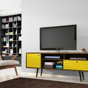 Manhattan Comfort Liberty 70.86" Mid-Century Modern TV Stand with 4 Shelving Spaces and 1 Drawer in Rustic Brown and Yellow with Solid Wood Legs