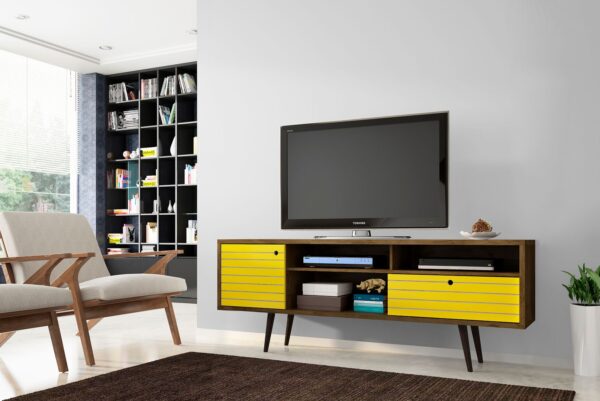 Manhattan Comfort Liberty 70.86" Mid-Century Modern TV Stand with 4 Shelving Spaces and 1 Drawer in Rustic Brown and Yellow with Solid Wood Legs