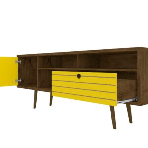 Manhattan Comfort Liberty 70.86" Mid-Century Modern TV Stand with 4 Shelving Spaces and 1 Drawer in Rustic Brown and Yellow with Solid Wood Legs