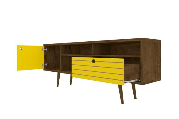 Manhattan Comfort Liberty 70.86" Mid-Century Modern TV Stand with 4 Shelving Spaces and 1 Drawer in Rustic Brown and Yellow with Solid Wood Legs