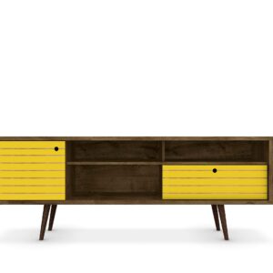 Manhattan Comfort Liberty 70.86" Mid-Century Modern TV Stand with 4 Shelving Spaces and 1 Drawer in Rustic Brown and Yellow with Solid Wood Legs