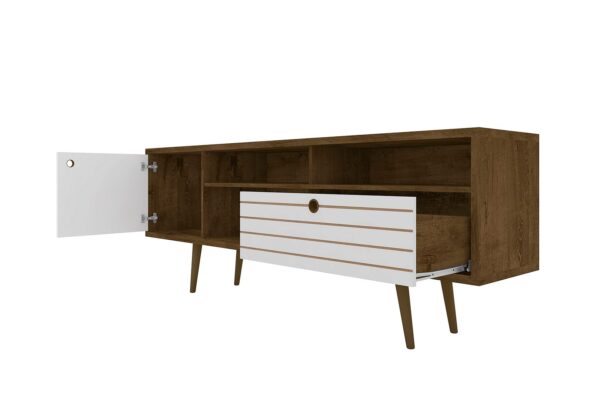 Manhattan Comfort Liberty 70.86" Mid-Century Modern TV Stand with 4 Shelving Spaces and 1 Drawer in Rustic Brown and White with Solid Wood Legs