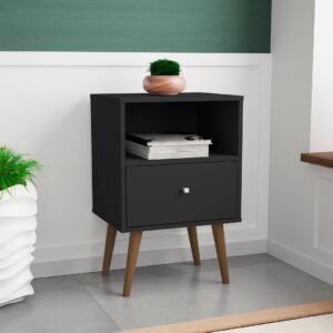 Manhattan Comfort Liberty Mid-Century Modern Nightstand 1.0 with 1 Cubby Space and 1 Drawer in Black