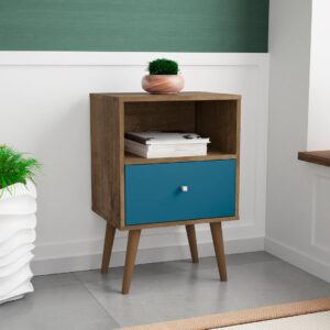 Manhattan Comfort Liberty Mid-Century Modern Nightstand 1.0 with 1 Cubby Space and 1 Drawer in Rustic Brown and Aqua Blue