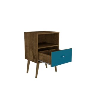 Manhattan Comfort Liberty Mid-Century Modern Nightstand 1.0 with 1 Cubby Space and 1 Drawer in Rustic Brown and Aqua Blue