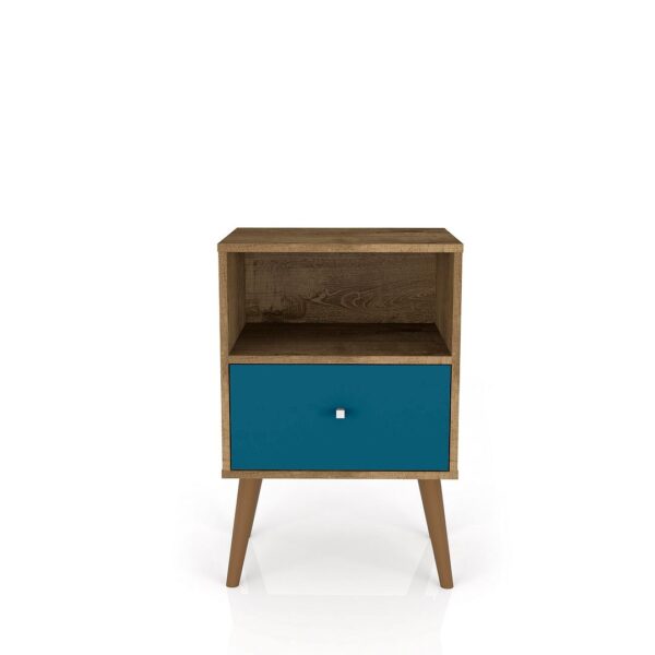 Manhattan Comfort Liberty Mid-Century Modern Nightstand 1.0 with 1 Cubby Space and 1 Drawer in Rustic Brown and Aqua Blue