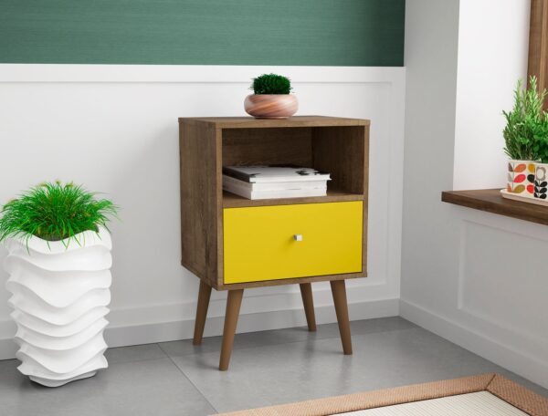 Manhattan Comfort Liberty Mid-Century Modern Nightstand 1.0 with 1 Cubby Space and 1 Drawer in Rustic Brown and Yellow