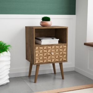 Manhattan Comfort Liberty Mid-Century Modern Nightstand 1.0 with 1 Cubby Space and 1 Drawer in Rustic Brown and 3D Brown Prints