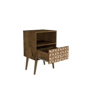 Manhattan Comfort Liberty Mid-Century Modern Nightstand 1.0 with 1 Cubby Space and 1 Drawer in Rustic Brown and 3D Brown Prints