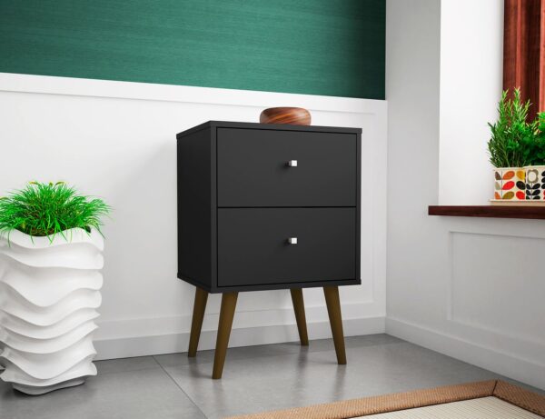 Manhattan Comfort Liberty Mid-Century Modern Nightstand 2.0 with 2 Full Extension Drawers in Black