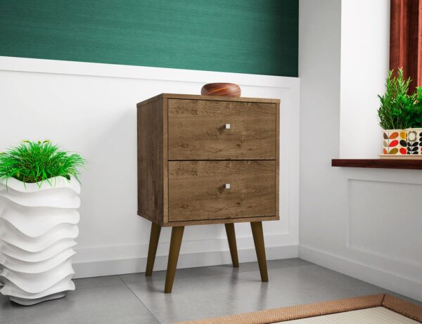 Manhattan Comfort Liberty Mid-Century Modern Nightstand 2.0 with 2 Full Extension Drawers in Rustic Brown