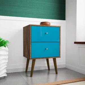 Manhattan Comfort Liberty Mid-Century Modern Nightstand 2.0 with 2 Full Extension Drawers in Rustic Brown and Aqua Blue