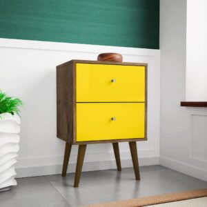 Manhattan Comfort Liberty Mid-Century Modern Nightstand 2.0 with 2 Full Extension Drawers in Rustic Brown and Yellow