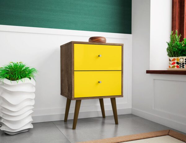 Manhattan Comfort Liberty Mid-Century Modern Nightstand 2.0 with 2 Full Extension Drawers in Rustic Brown and Yellow