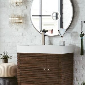 James Martin 210-V36-WLT-GW Linear 36 Inch Single Vanity in Mid Century Walnut with Glossy White Solid Surface Top