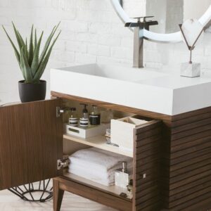 James Martin 210-V36-WLT-GW Linear 36 Inch Single Vanity in Mid Century Walnut with Glossy White Solid Surface Top