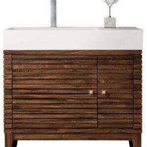 James Martin 210-V36-WLT-GW Linear 36 Inch Single Vanity in Mid Century Walnut with Glossy White Solid Surface Top