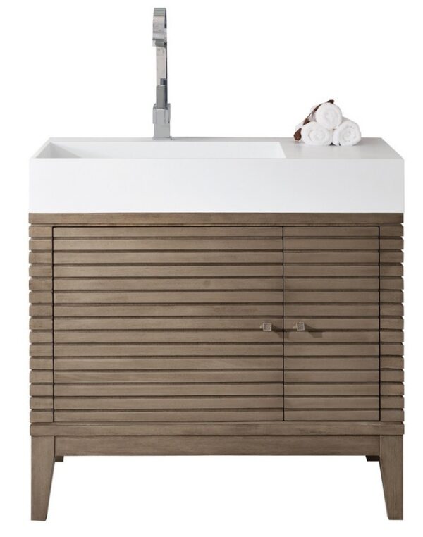 James Martin 210-V36-WW-GW Linear 36 Inch Single Vanity in Whitewashed Walnut with Glossy White Solid Surface Top