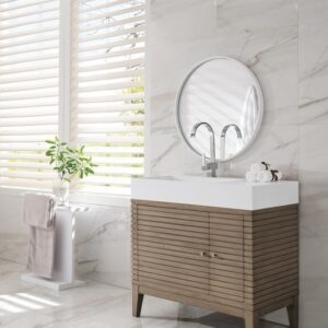 James Martin 210-V36-WW-GW Linear 36 Inch Single Vanity in Whitewashed Walnut with Glossy White Solid Surface Top