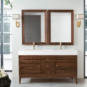 James Martin 210-V59D-WLT-GW Linear 59 Inch Double Vanity in Mid Century Walnut with Glossy White Solid Surface Top