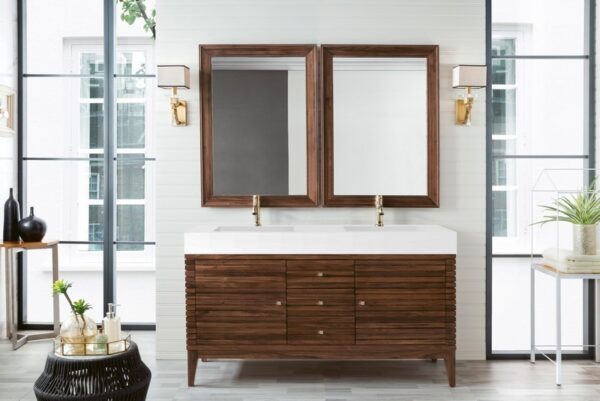 James Martin 210-V59D-WLT-GW Linear 59 Inch Double Vanity in Mid Century Walnut with Glossy White Solid Surface Top