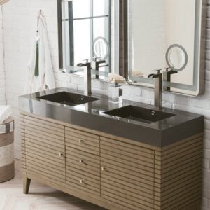 James Martin 210-V59D-WW-DGG Linear 59 Inch Double Vanity in Whitewashed Walnut with Glossy Dark Gray Solid Surface Top