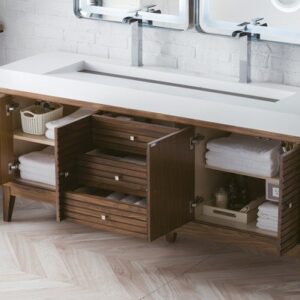 James Martin 210-V72D-WLT-GW Linear 72 Inch Double Vanity in Mid Century Walnut with Glossy White Solid Surface Top