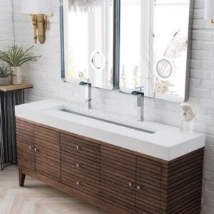 James Martin 210-V72D-WLT-GW Linear 72 Inch Double Vanity in Mid Century Walnut with Glossy White Solid Surface Top