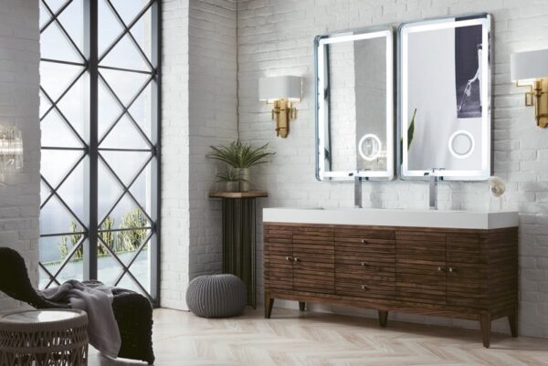 James Martin 210-V72D-WLT-GW Linear 72 Inch Double Vanity in Mid Century Walnut with Glossy White Solid Surface Top