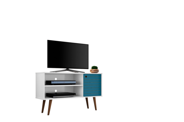 Manhattan Comfort Liberty 42.52" Mid-Century Modern TV Stand with 2 Shelves and 1 Door in White and Aqua Blue