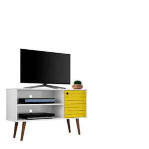 Manhattan Comfort Liberty 42.52" Mid-Century Modern TV Stand with 2 Shelves and 1 Door in White and Yellow