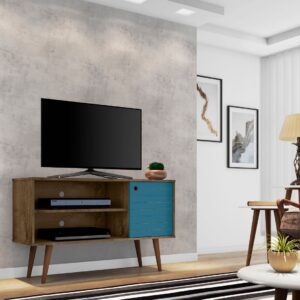 Manhattan Comfort Liberty 42.52" Mid-Century Modern TV Stand with 2 Shelves and 1 Door in Rustic Brown and Aqua Blue