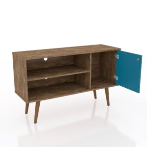 Manhattan Comfort Liberty 42.52" Mid-Century Modern TV Stand with 2 Shelves and 1 Door in Rustic Brown and Aqua Blue