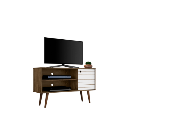 Manhattan Comfort Liberty 42.52" Mid-Century Modern TV Stand with 2 Shelves and 1 Door in Rustic Brown and White