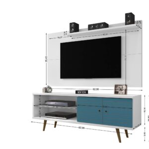 Manhattan Comfort Liberty 62.99 Mid-Century Modern TV Stand and Panel with Solid Wood Legs in White and Aqua Blue